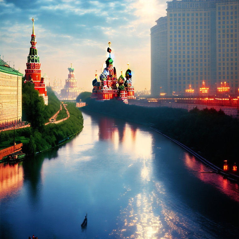 Iconic Moscow skyline with Kremlin, Saint Basil's Cathedral, and Moskva River reflections at dusk
