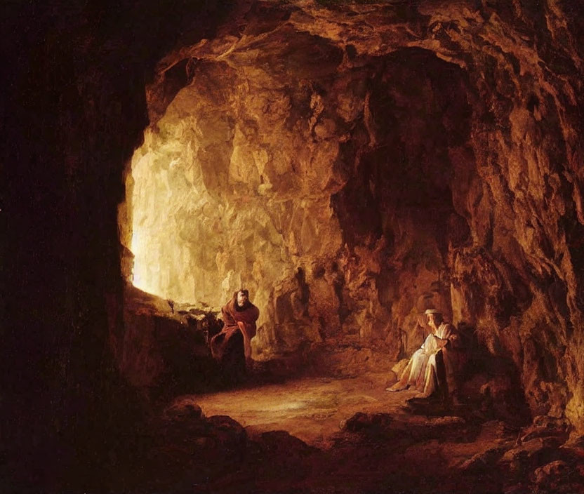 Dimly Lit Cave Painting with Two Seated Figures