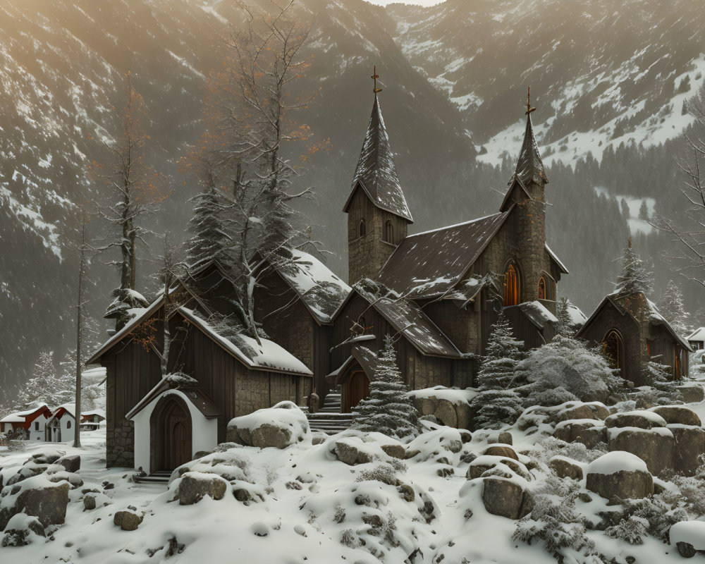 Snowy Mountain Landscape: Quaint Wooden Church with Twin Spires