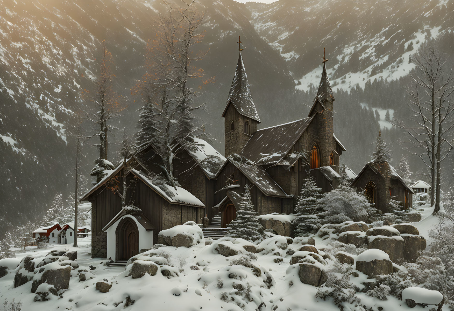 Snowy Mountain Landscape: Quaint Wooden Church with Twin Spires