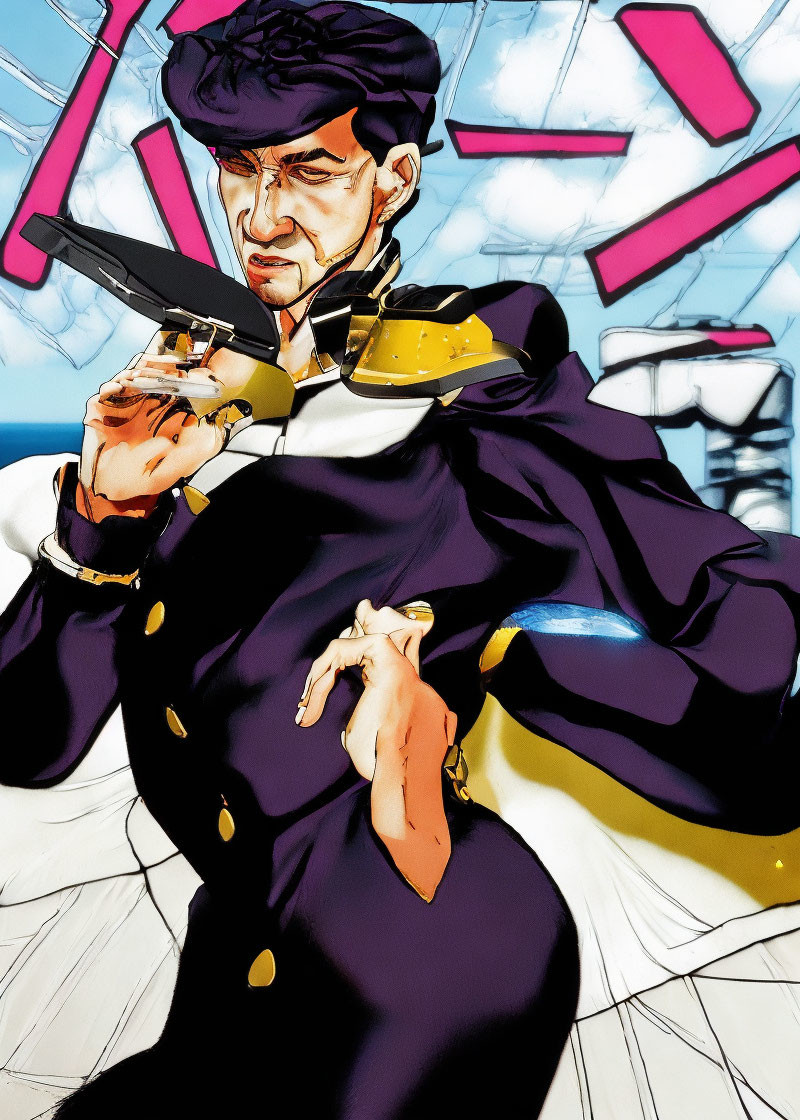 Illustration of man in detailed suit with golden accents holding a gun