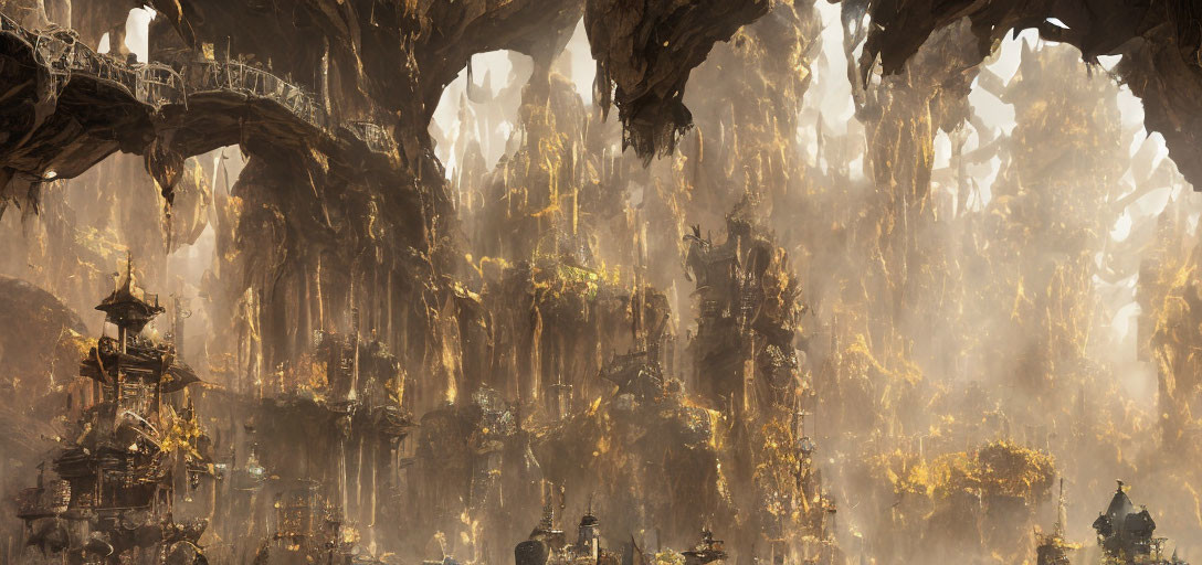Ethereal Subterranean City with Intricate Structures and Golden Light