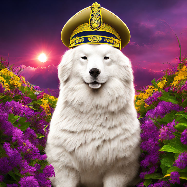 Fluffy White Dog in Golden Hat Surrounded by Purple Flowers and Sunset Sky