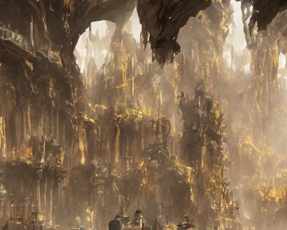 Ethereal Subterranean City with Intricate Structures and Golden Light
