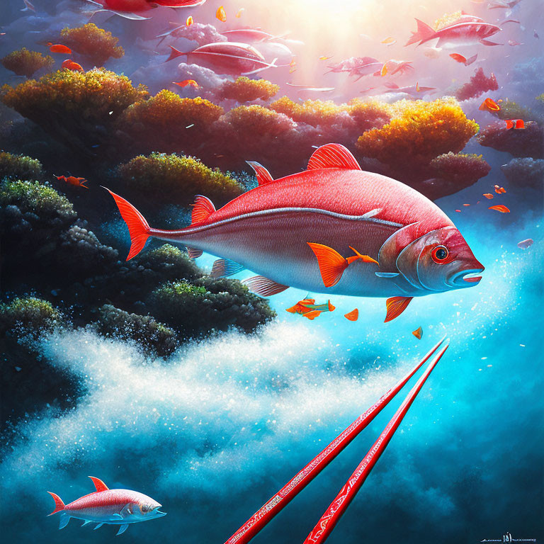 Colorful underwater scene with large red fish and sun rays.