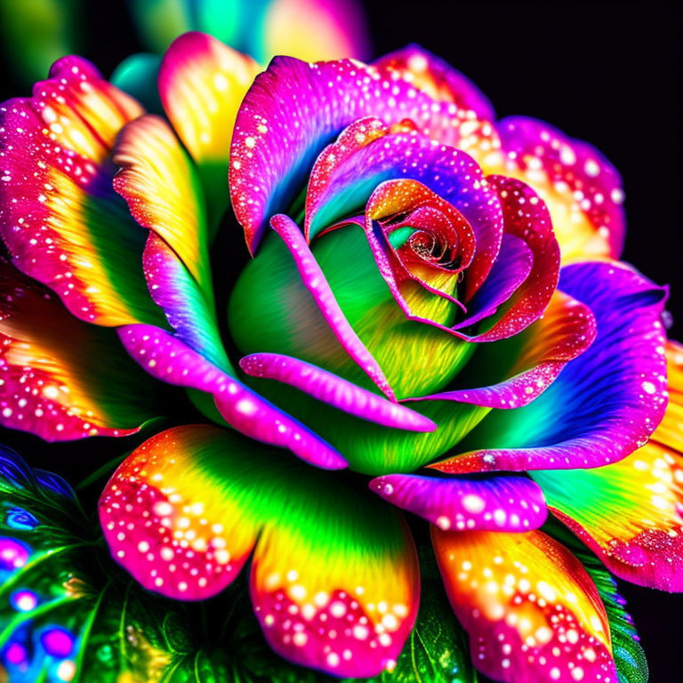 Colorful Neon Rose with Dewdrops on Dark Background