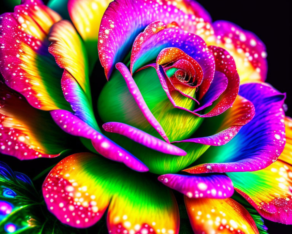 Colorful Neon Rose with Dewdrops on Dark Background