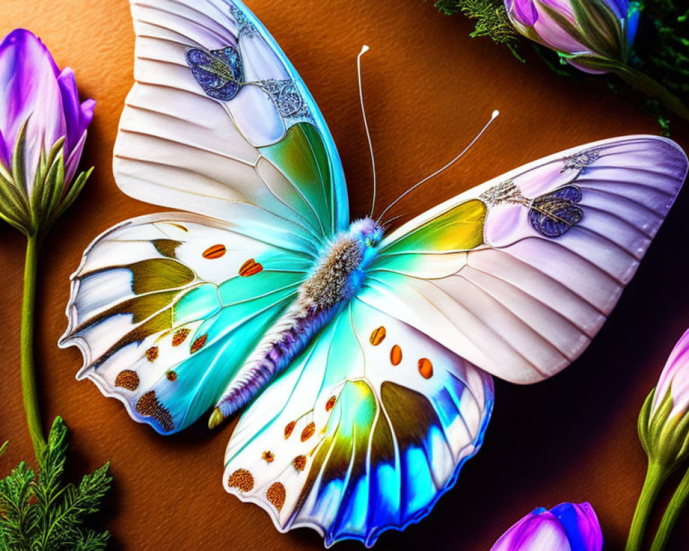 Colorful Butterfly Illustration Among Vibrant Flowers