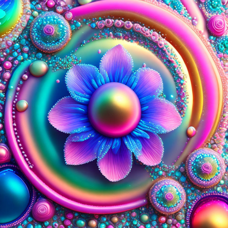 Colorful Digital Artwork with Iridescent Flower and Swirling Patterns