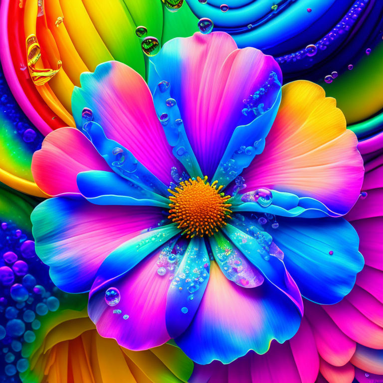 Colorful Rainbow Flower with Water Droplets