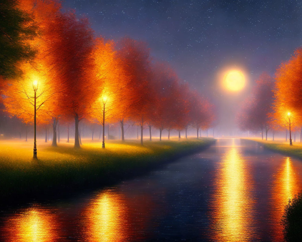 Nighttime Avenue with Glowing Orange Trees and Full Moon
