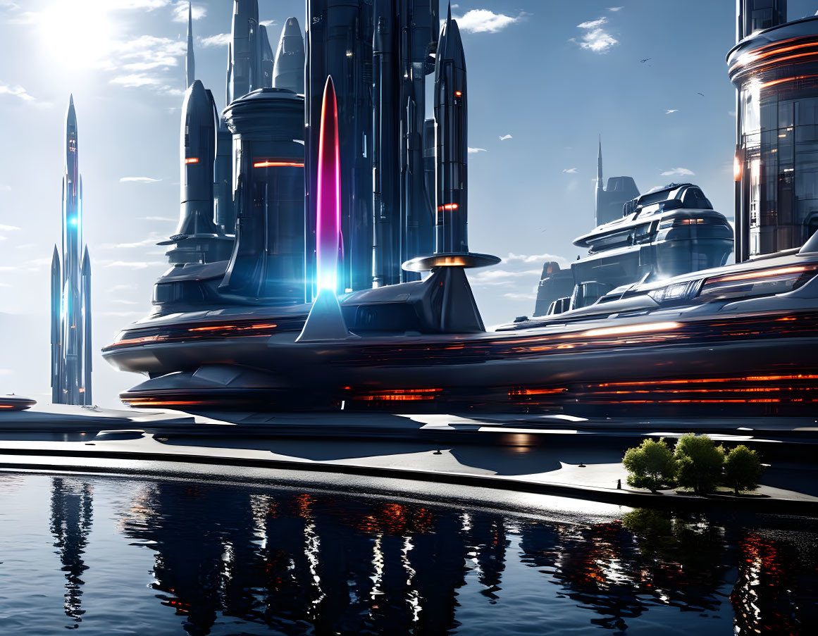 Futuristic cityscape with sleek skyscrapers and flying vehicles