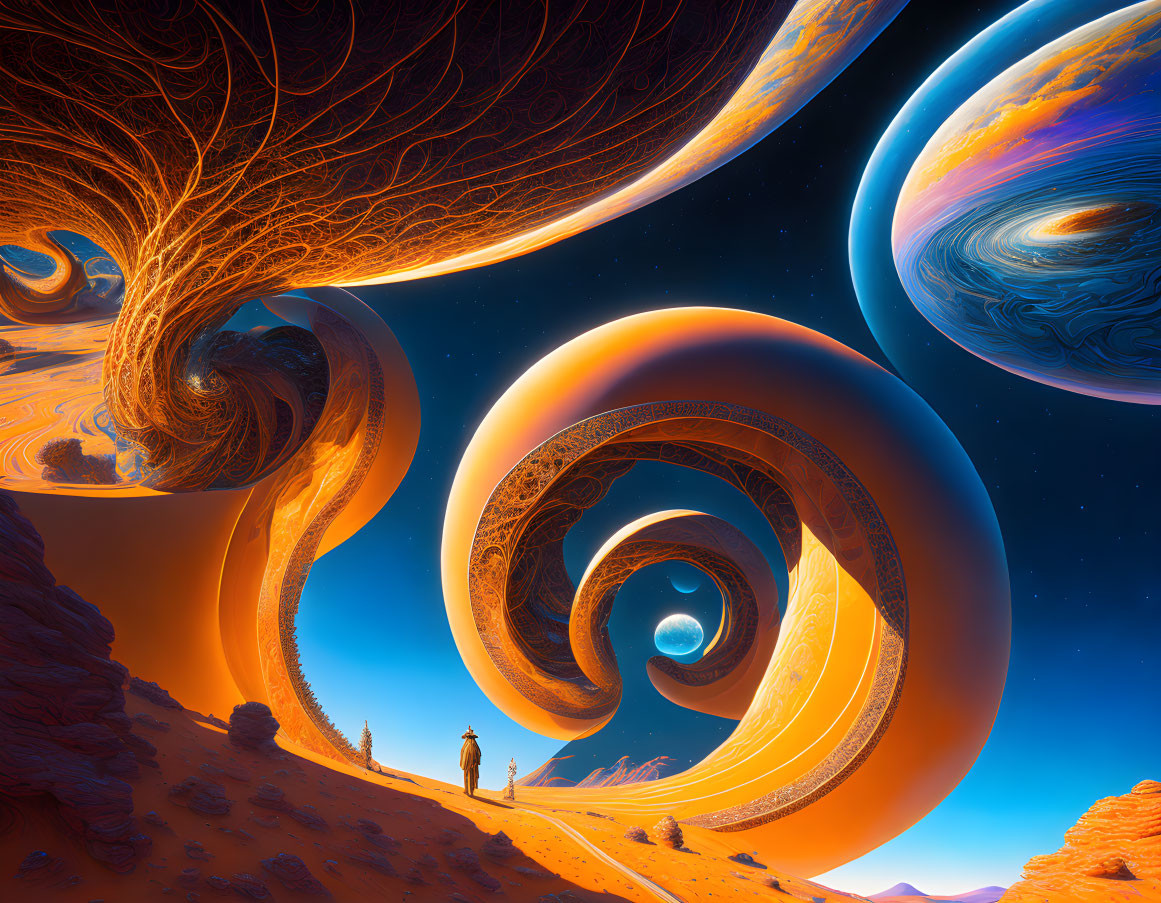 Vibrant surreal landscape with swirling sky structures and celestial bodies