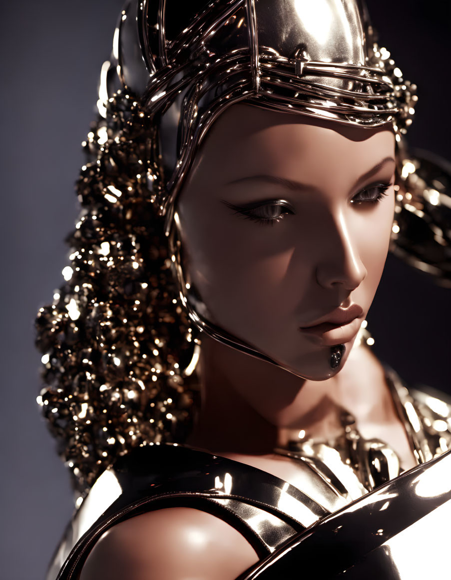 Golden Metallic Female Mannequin with Detailed Headgear and Shoulder Armor
