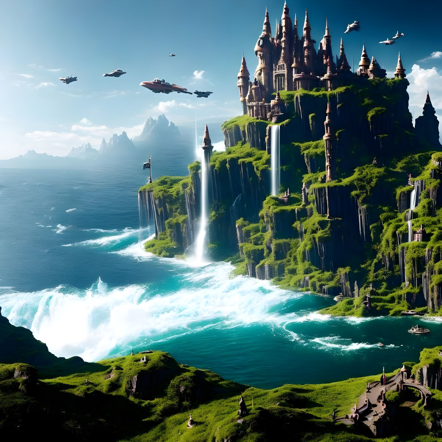 Majestic fantasy castle on steep cliffs with waterfalls and flying ships