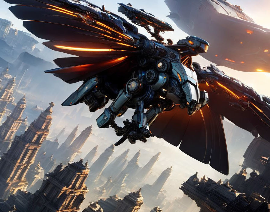 Futuristic mechanical bird-like craft over cityscape with towering spires