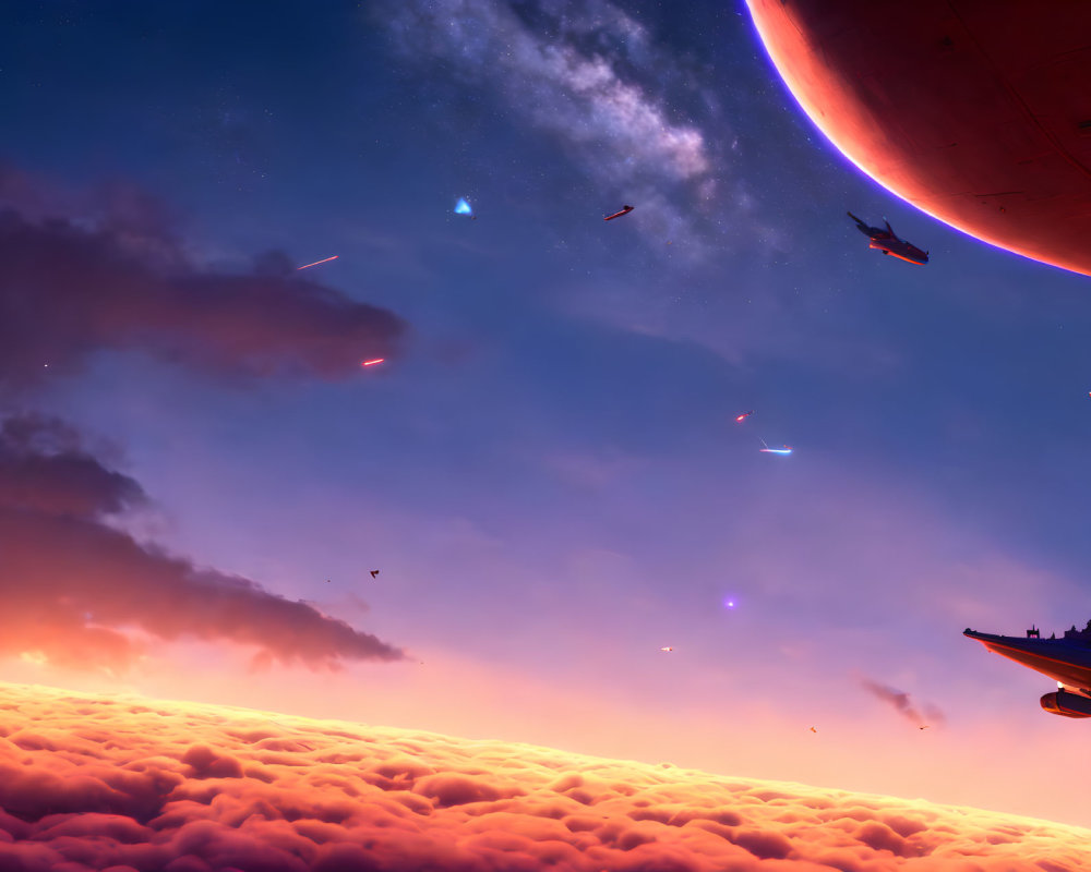 Surreal sky with red planet, spaceships, and cosmic backdrop