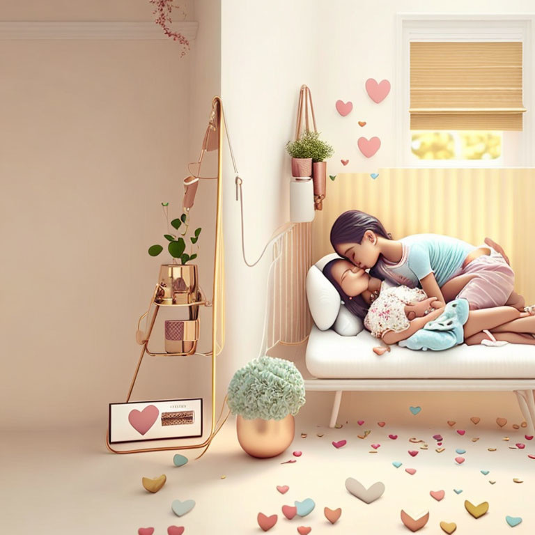 Stylized image of woman embracing child on couch with heart decorations