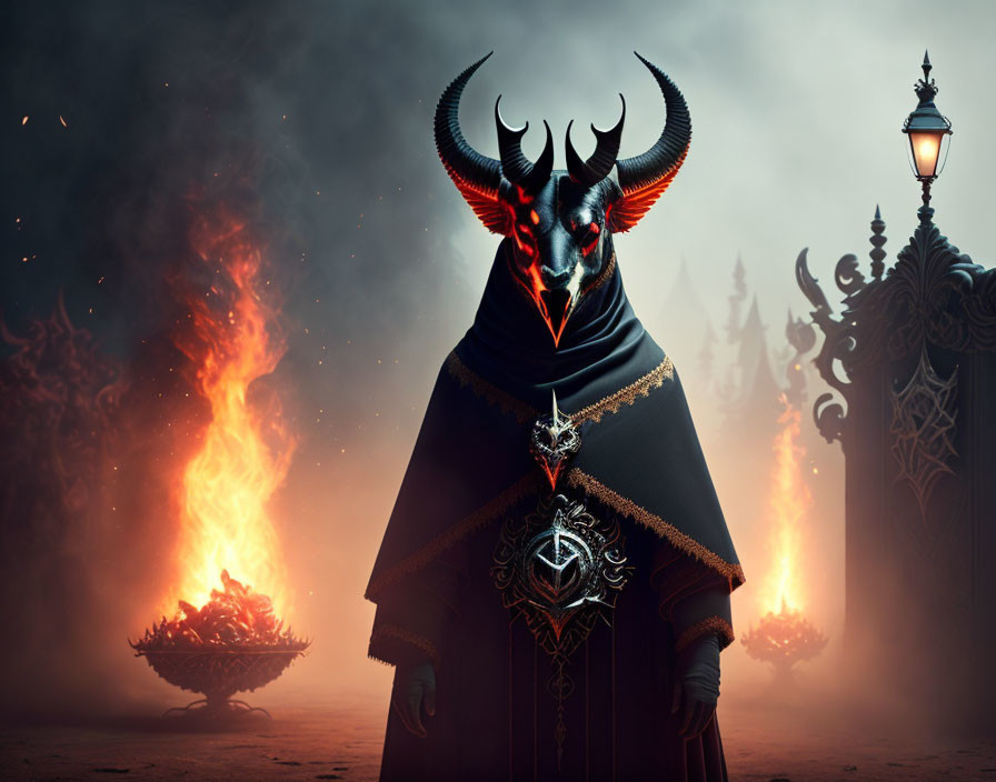 Sinister horned figure with glowing eyes in mystical attire against fiery background