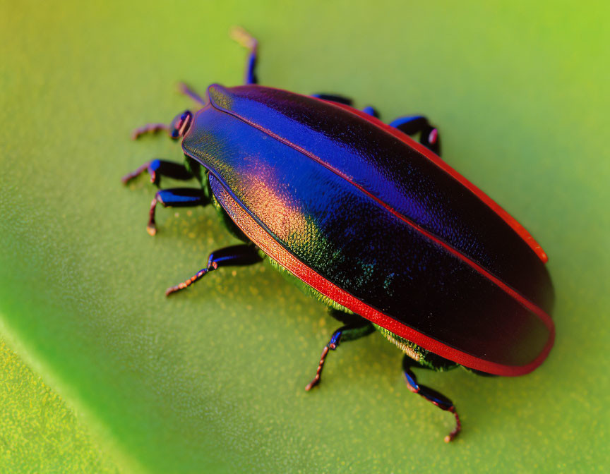 Colorful iridescent beetle with blue and red shell on green surface