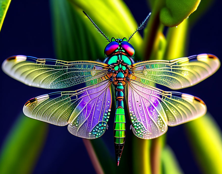 Colorful Dragonfly on Green Foliage with Translucent Wings