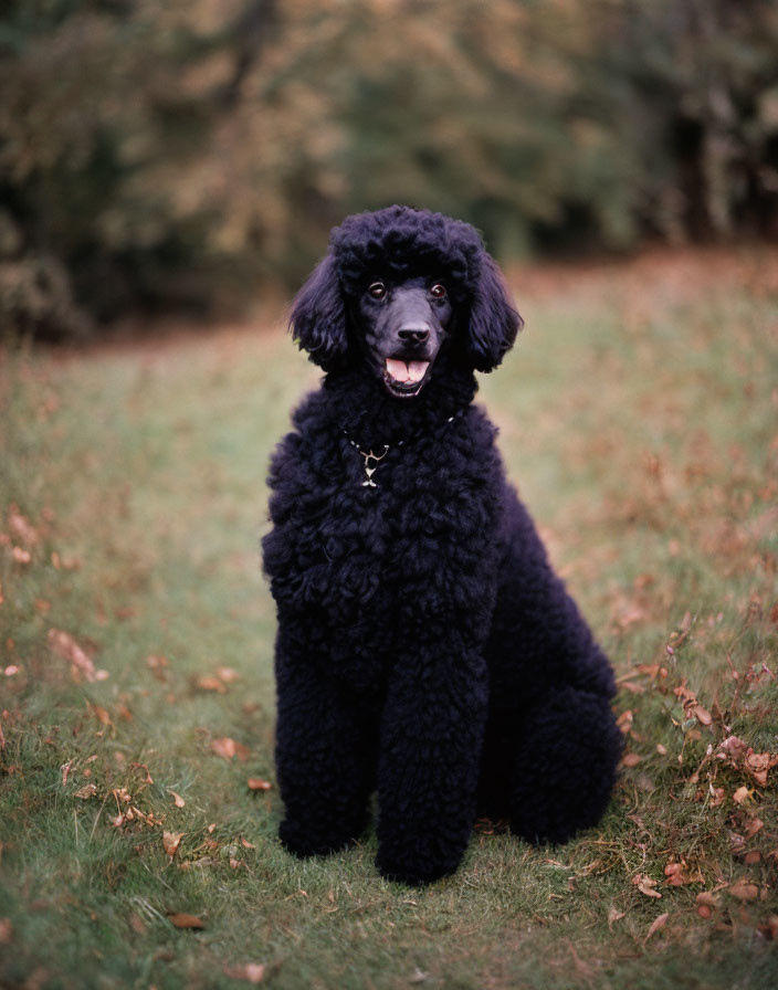 Fluffy black standard poodle sitting on grass, looking at camera