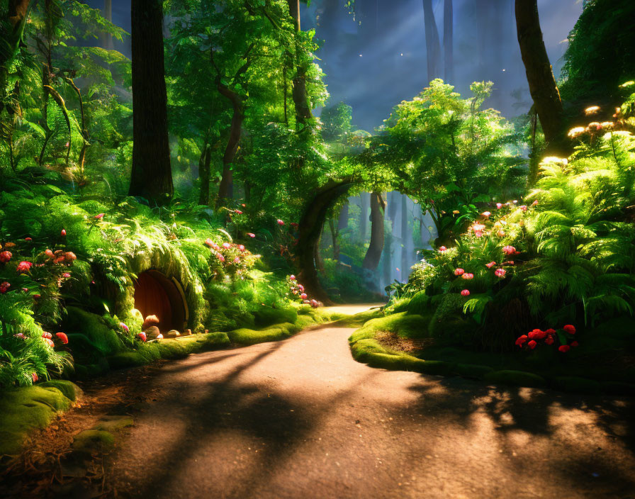 Mystical forest pathway with lush greenery, hobbit-like door, vibrant flowers, and magical