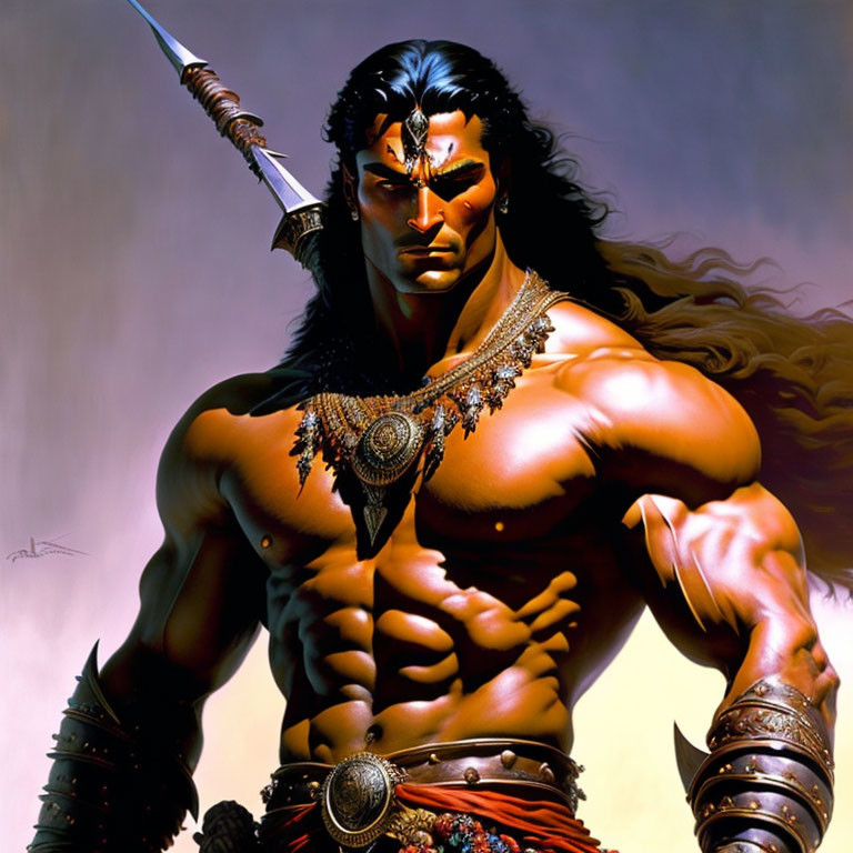 Muscular warrior with long dark hair, wielding sword and tribal jewelry.