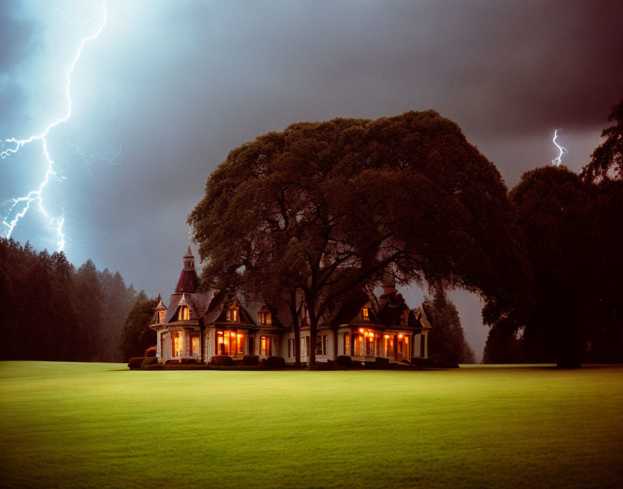 Majestic house on manicured lawn under stormy sky with lightning strikes