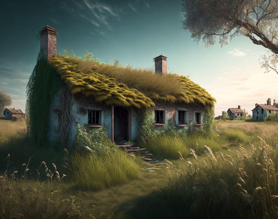 Abandoned thatched-roof cottage in serene meadow
