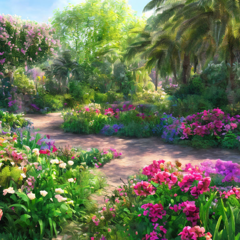 Vibrant flower garden with lush greenery and winding path