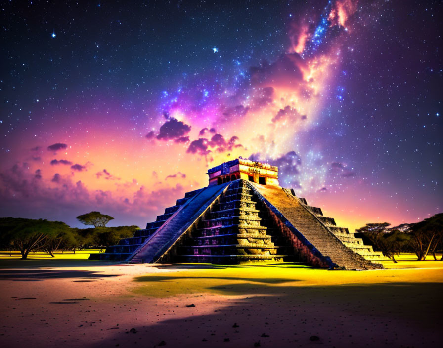 Ancient Mesoamerican pyramid under starry night sky with nebula