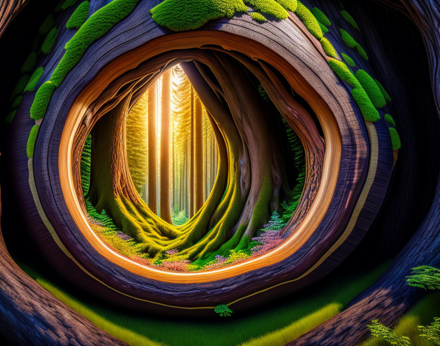 Wooden Frames Spiral Around Sunlit Forest in Tunnel Illusion