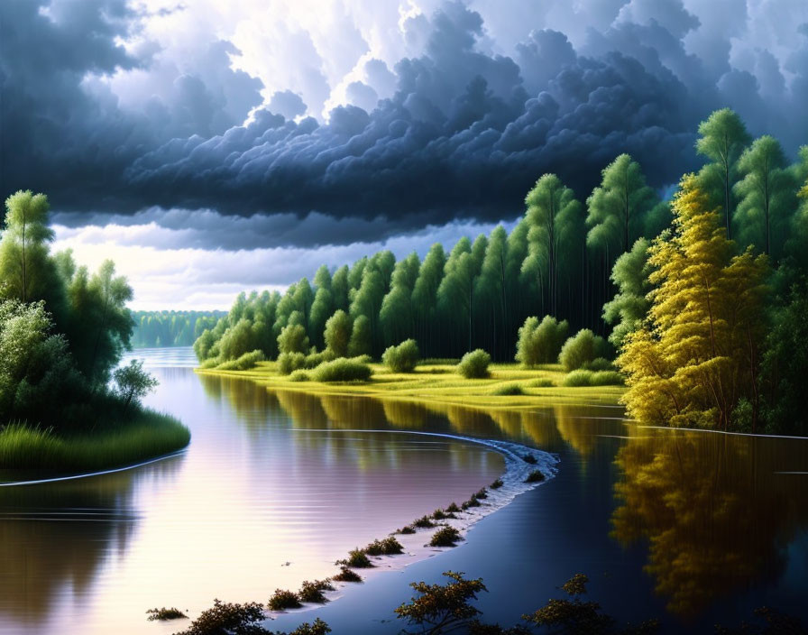 Tranquil river scene with reflective water, green trees, golden tree, storm clouds