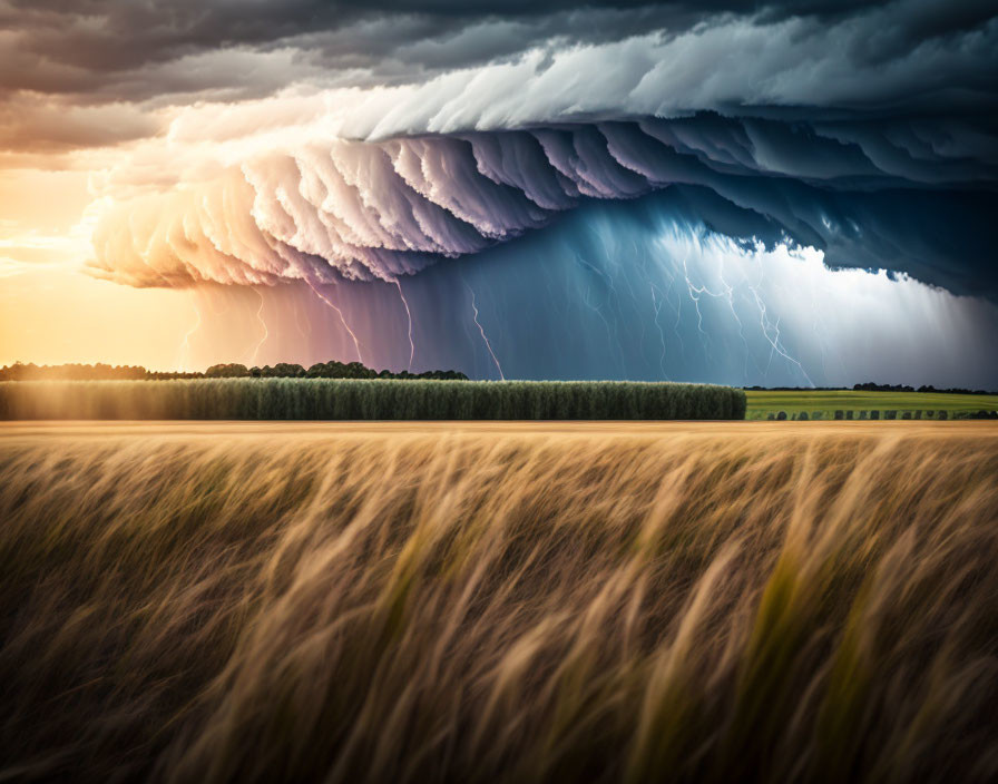 Dramatic Shelf Cloud Over Golden Field with Lightning Strikes