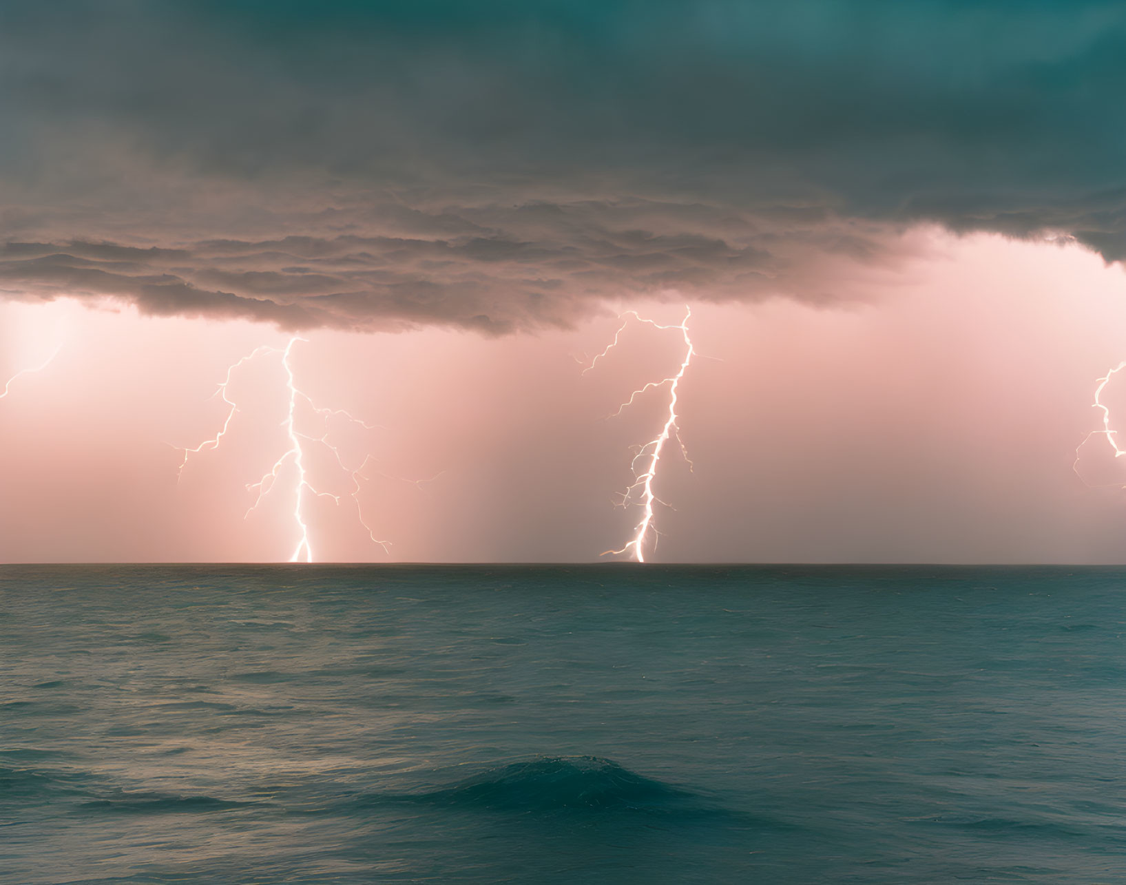 Stormy Seascape with Lightning Bolts Over Ocean