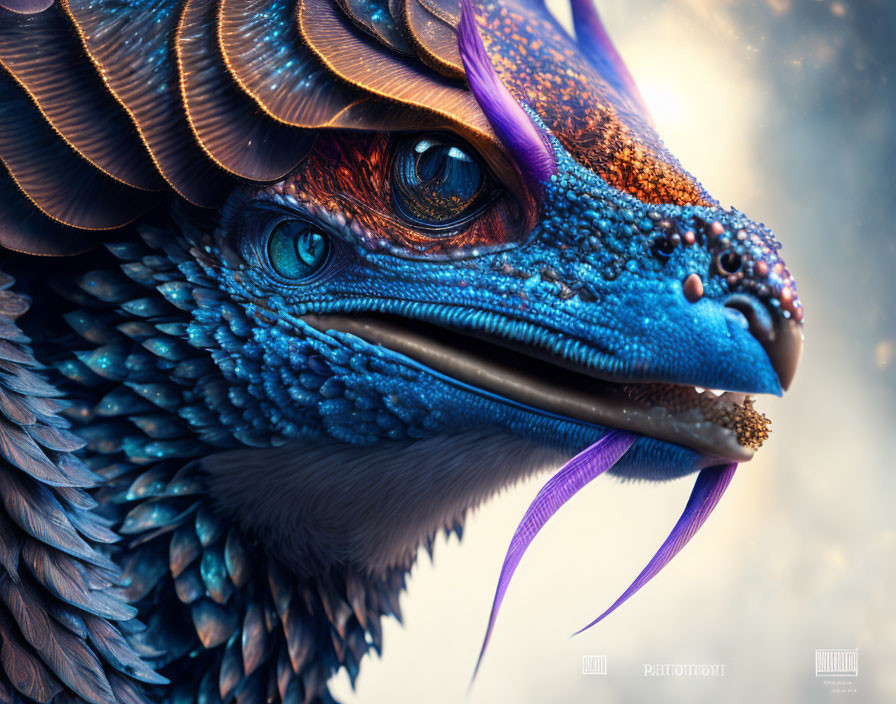 Fantasy dragon with blue scales, gold snout, azure eyes, purple tendrils.