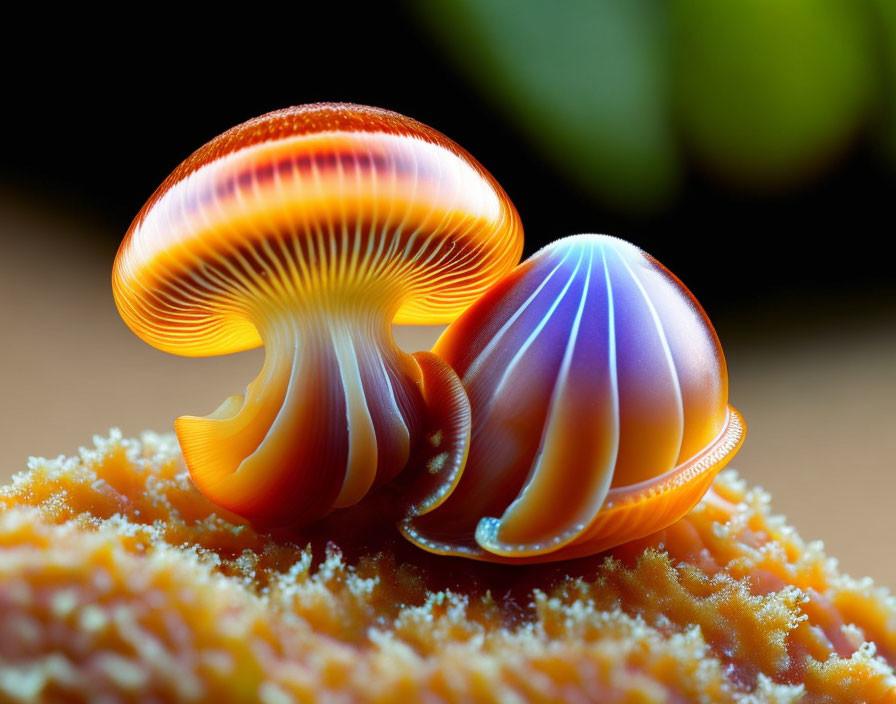 Bioluminescent mushrooms with glowing, striped caps on textured surface