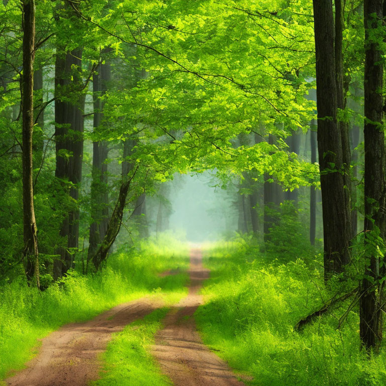 Tranquil forest path with vibrant green foliage and misty atmosphere