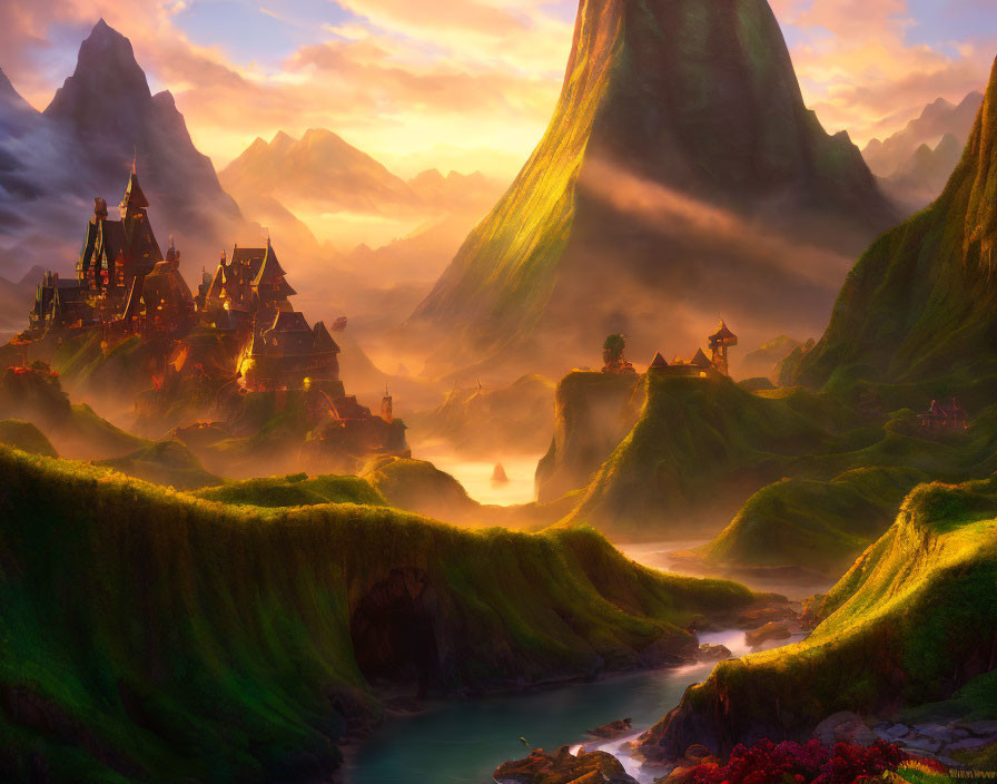 Majestic illuminated castles in fantastical landscape at sunset