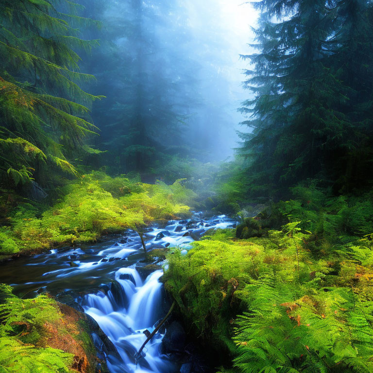 Serene forest scene with cascading stream and misty light