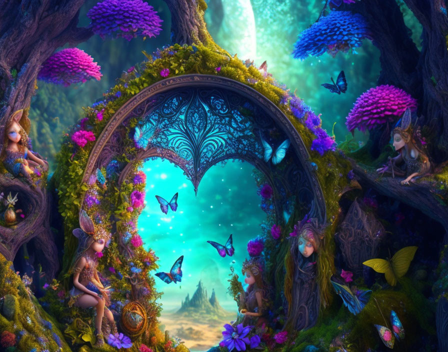 Colorful fairies, vibrant flowers, butterflies in magical forest scenery