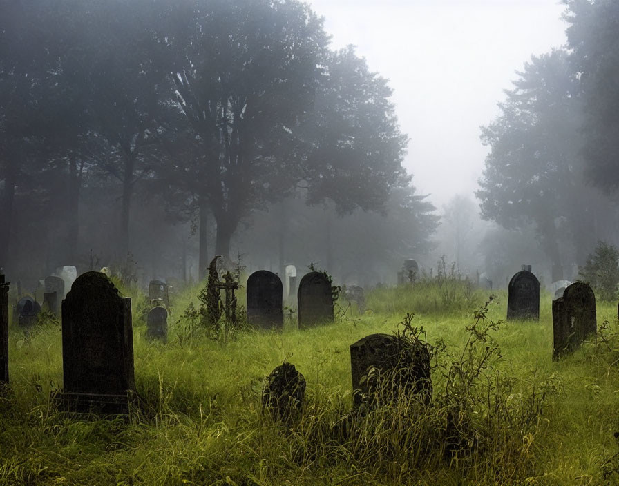 Weathered tombstones in foggy cemetery with overgrown grass and tree silhouettes.