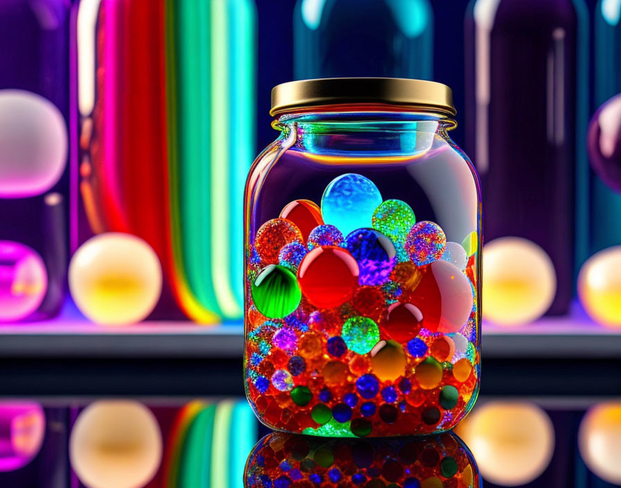 Colorful Glass Jar with Translucent Orbs and Neon Lights