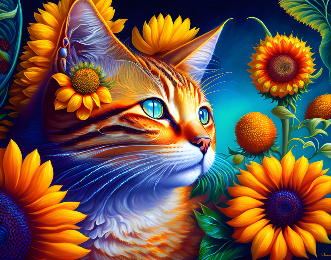 Colorful Orange Tabby Cat Among Sunflowers with Blue Eyes