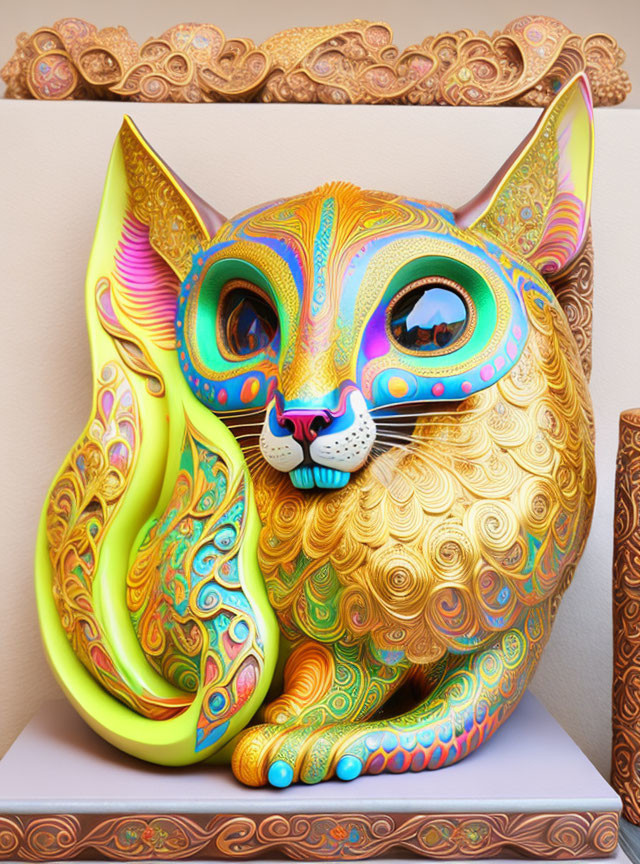 Colorful Stylized Cat Sculpture with Expressive Eyes on Shelf