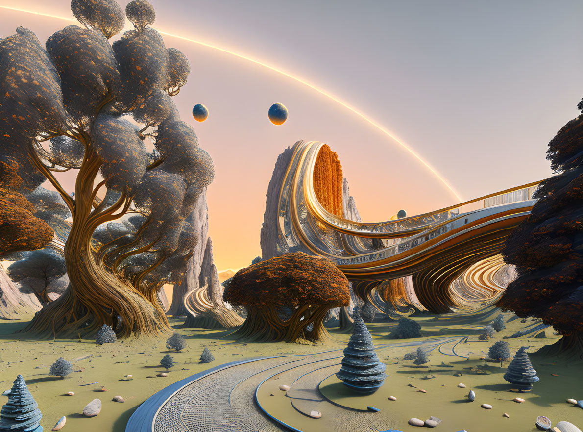 Surreal landscape featuring oversized trees, golden pathways, cliffs, and celestial bodies.