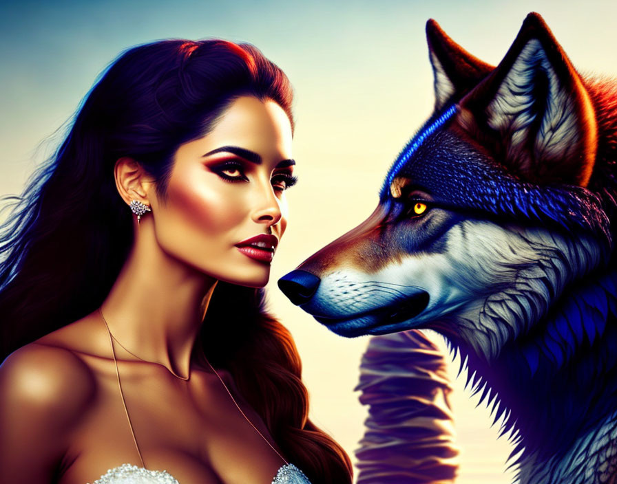 Illustration of woman and wolf in elegant attire against vivid sky