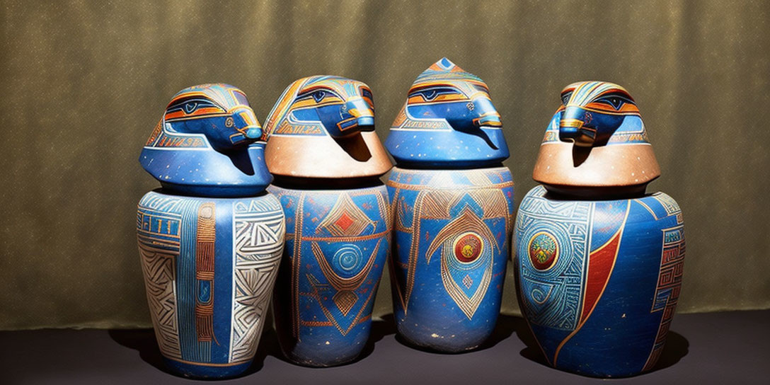 Four ornate canopic jars with Egyptian hieroglyphics and human head lids on dark background