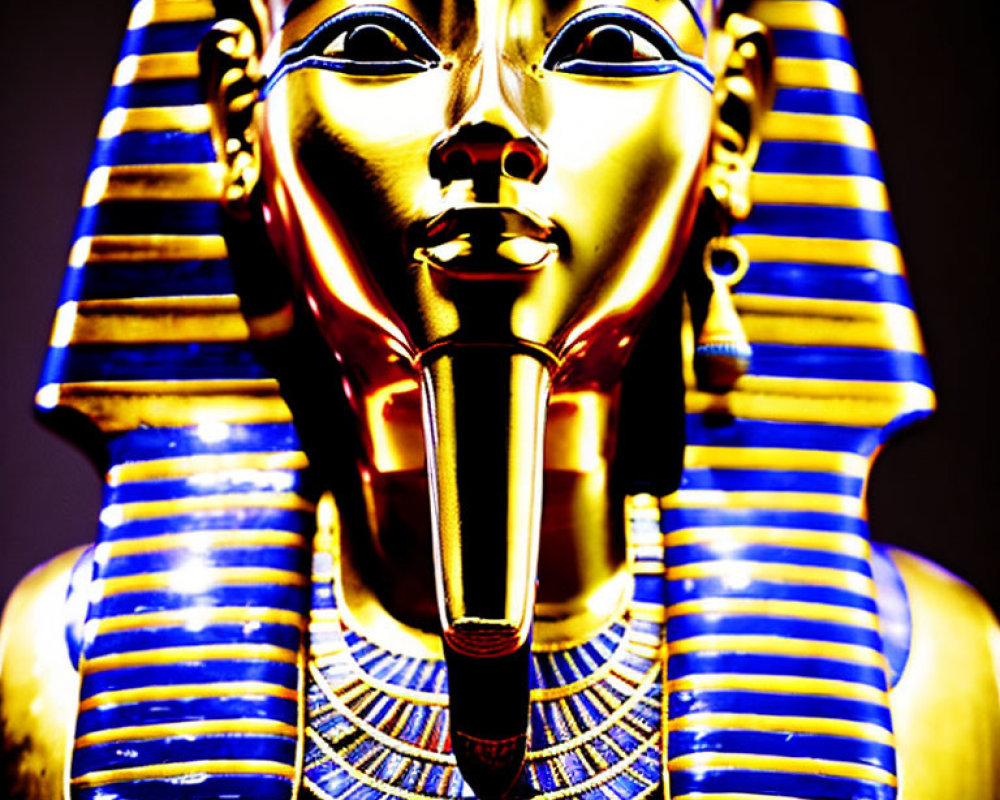 Egyptian Pharaoh Mask in Golden and Blue with Lapis Lazuli-like Stripes